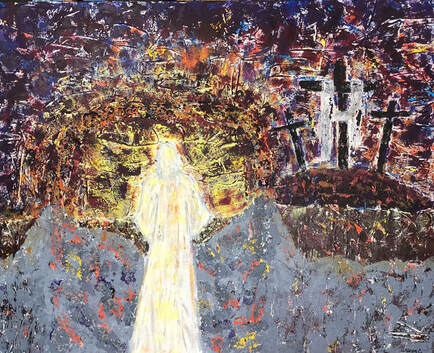 acrylic and texture painting of Jesus emerging from the tomb with the 3 crosses off in the distance. Light is emanating from Jesus. 