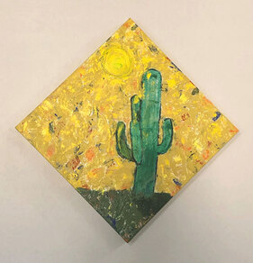 Green saguaro with green ground and yellow sky and sun