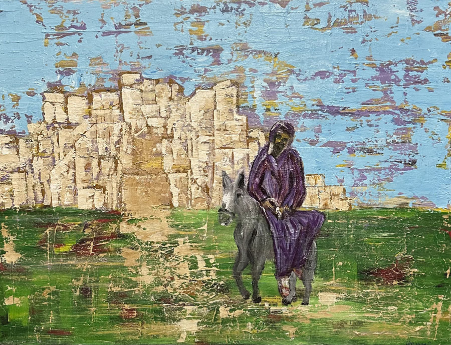 Jesus riding into Jerusalem on a donkey, Acrylic and texture in purple, yellow, green, red
