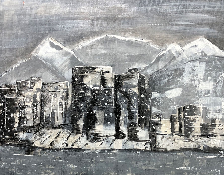 A piece of the Anchorage skyline in gray scale