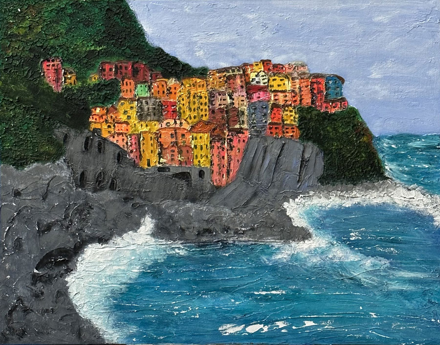 texture and acrylic painting of a city by the sea