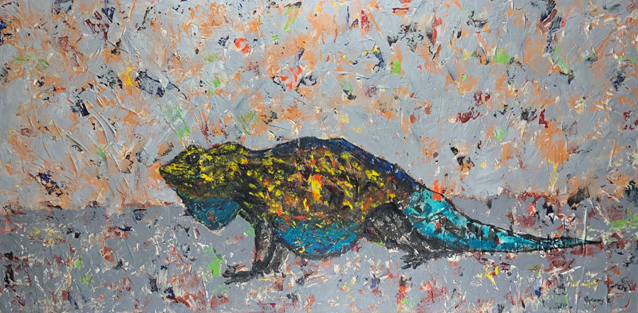 Acrylic and texture painting of turquoise, green, yellow, orange lizard with gray background