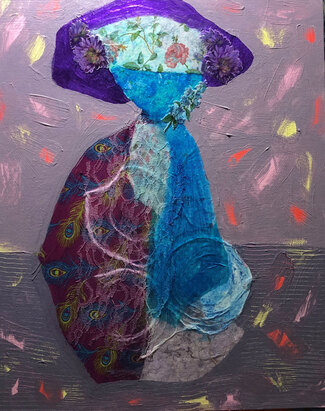 woman with collage easter bonnet and dress