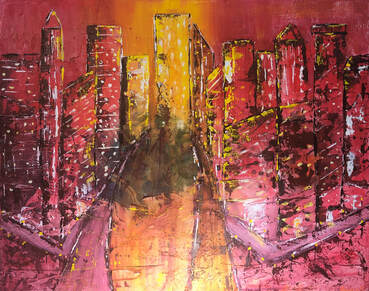 Cityscape in pink and red with a glowing orange/yellow center depicting bright sunrise