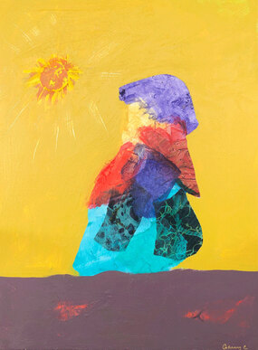 modern figurative collage abstract of child walking under yellow sun