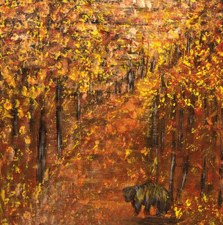 bear crossing a path in an autumn forrest