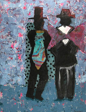 2 collage men in tuxedo with bold oversized ties on blue and pink background