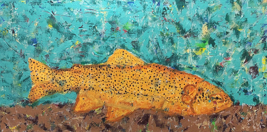textured painting on canvas of yellow gold trout with brown and turquoise background