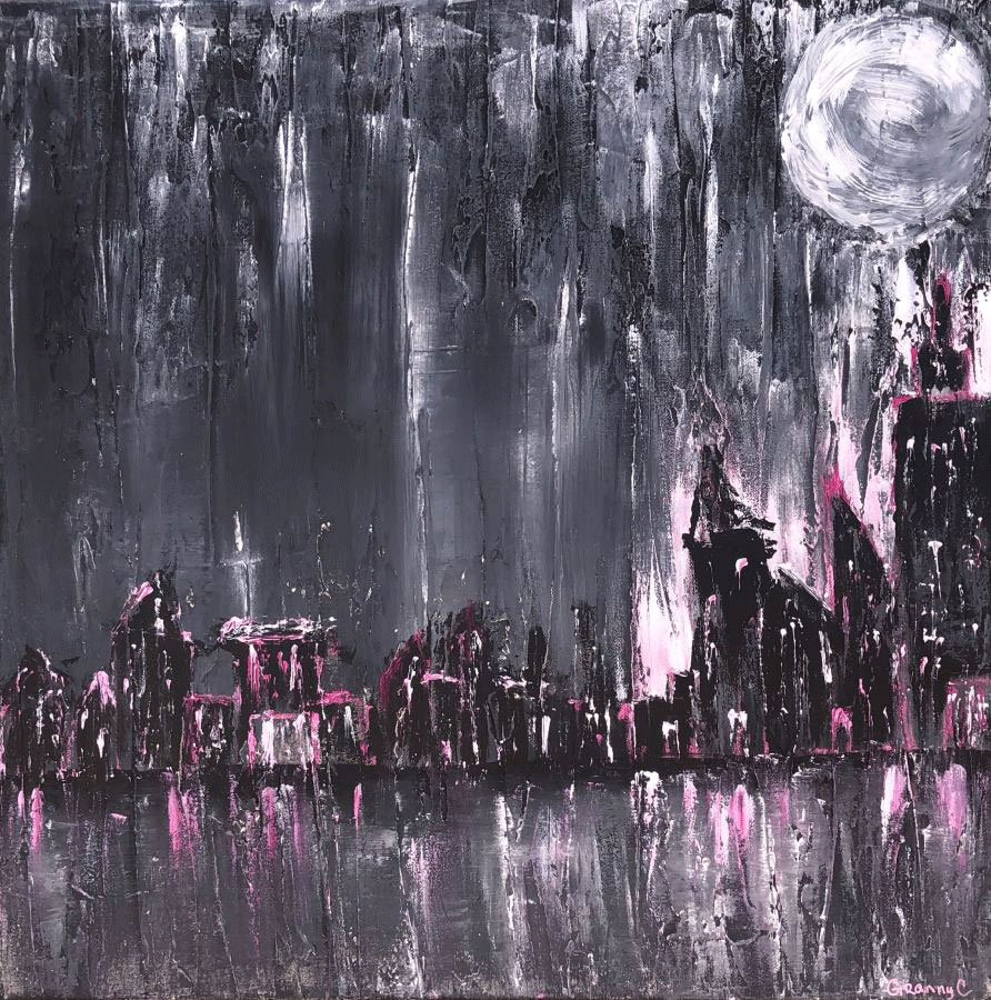 black, white and gray background, white moon, pink and black city