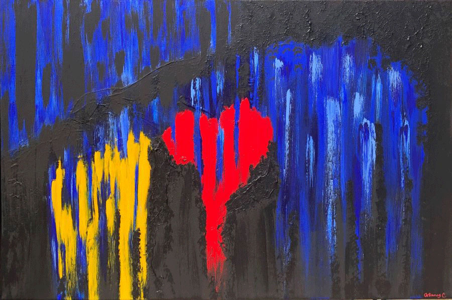 Bold color in yellow red and blue against black