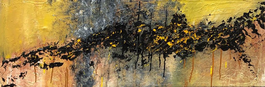 yellow background with a misshapen stream of black, yellow and gold across canvas 