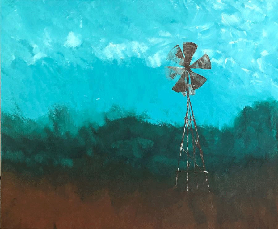 Turquoise sky, green land, bronze windmill