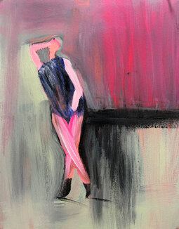 chic figure of woman leaning against a wall with pink tights and blue top