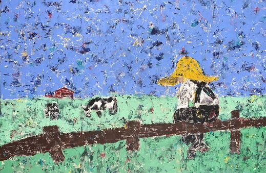 Country boy sitting on a fence gazing at cows and a barn in the field. Pastel blue and green with pops of yellow and red