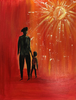Father and son walking into the light, bright sun, silhouette, orange and red and yellow