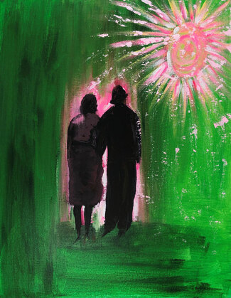Grandmother and Grandfather walking into bright pink and white light, bright sun, green background, prophetic