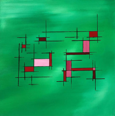 green background with shades of pink in geometric shapes