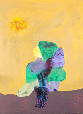 modern figurative collage abstract of child sitting under a yellow sun