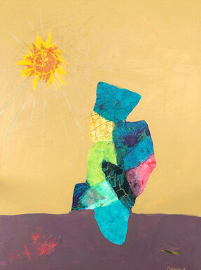 modern figurative collage abstract of child walking under a yellow sun