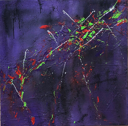 bright green, red and white splatters on a purple background