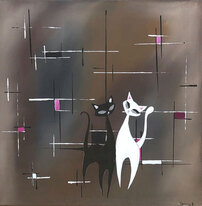 two cats black and white in front of black and white lines and pink geometric shapes