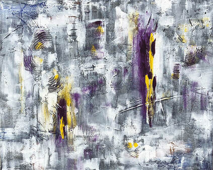 black underpainting, covered in white and gray with purple and yellow accents