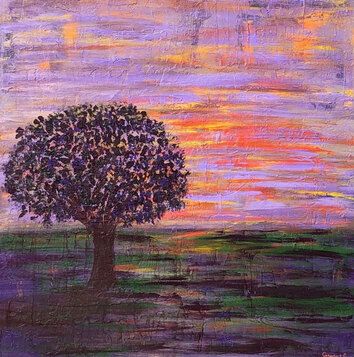 dark violet tree on green and violet ground with lavender sky