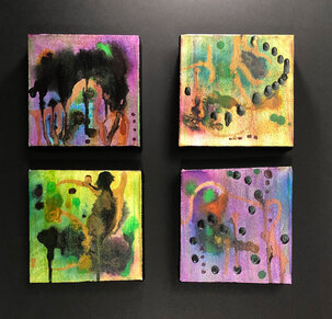 4 mini abstracts in purple, yellow, green, blue, pink, black