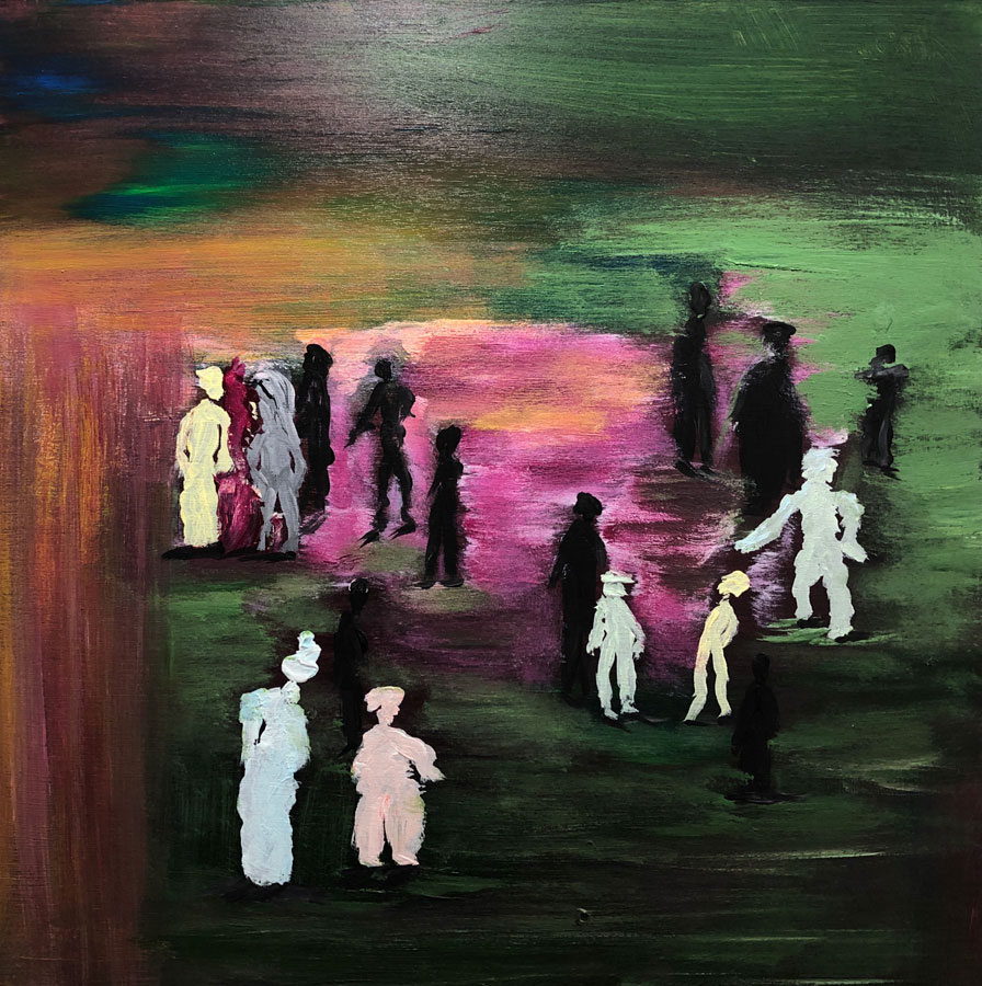 Silhouette people gathering in a field of green and magenta with yellow highlights
