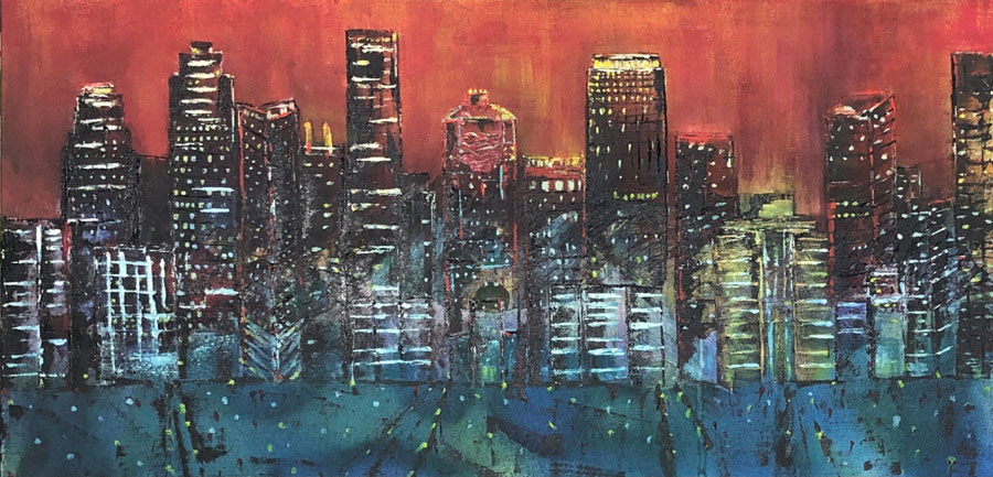 Collage, acrylic and ink painting of 3 cities. LA, Houston, Phoenix in a nighttime cityscape